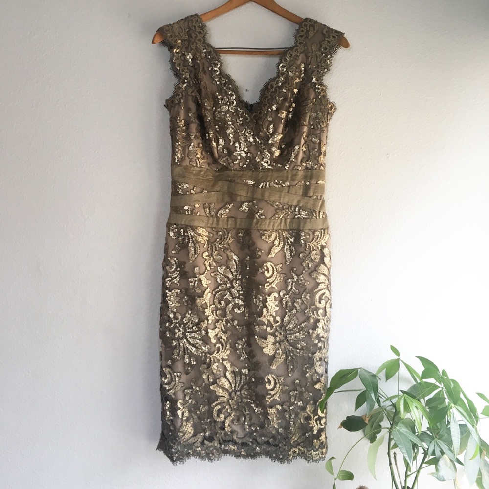 Tadashi Shoji gold sequin embellished mini dress